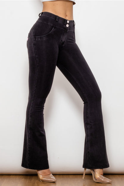 Comfy Huggers Black Buttoned Flare | Jeans