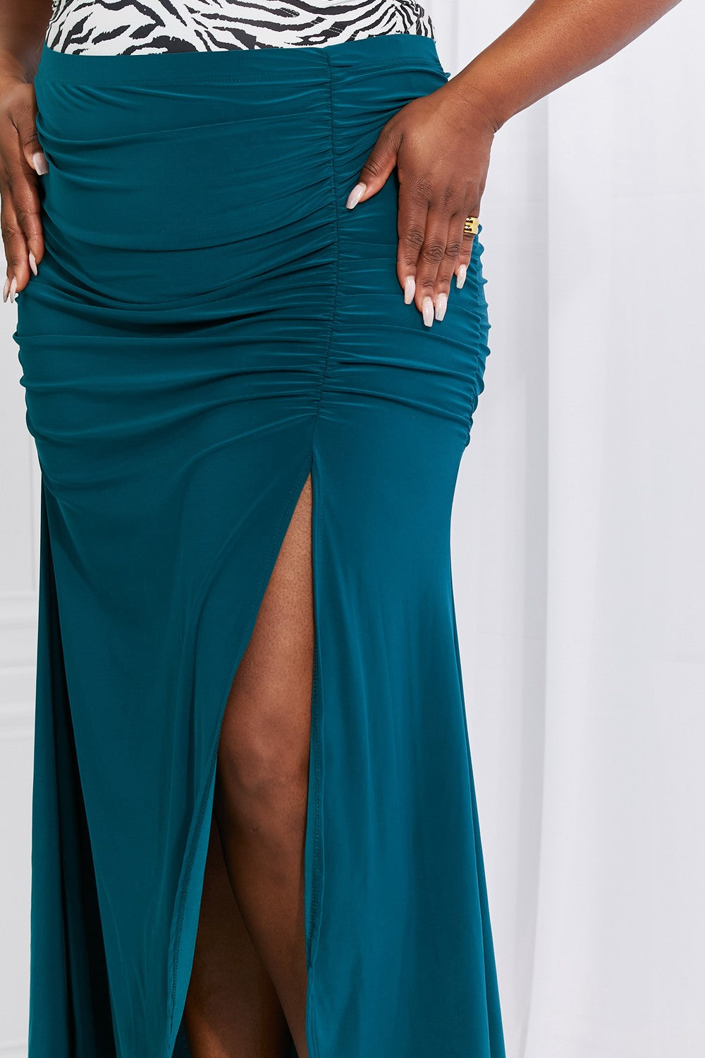 Up and Up Ruched Slit Maxi in Teal | Skirt