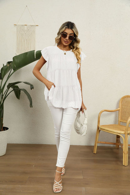 Swiss Dot Round Neck Tiered | Blouse