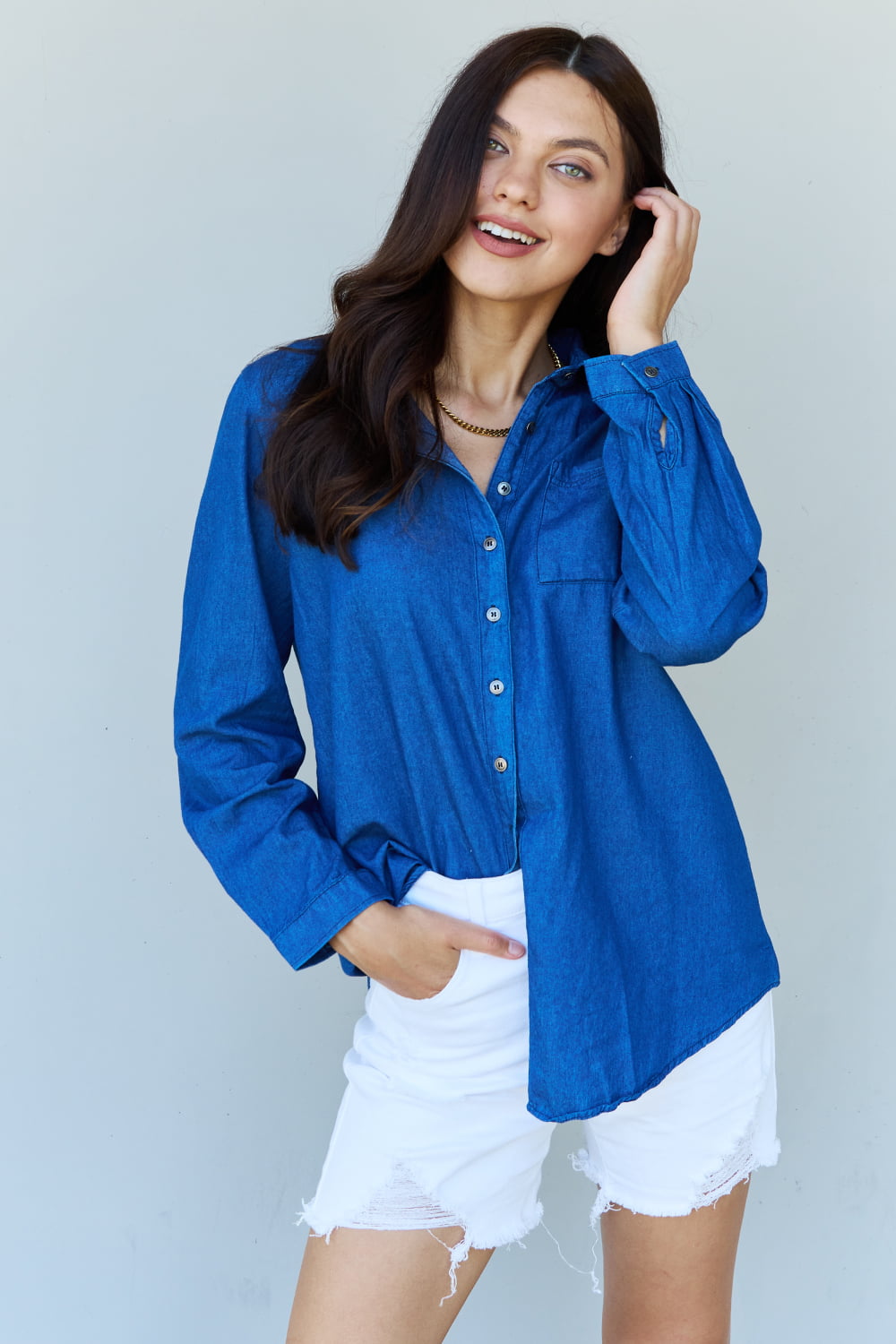 Deep Blue Denim Button Down | Shirt Top