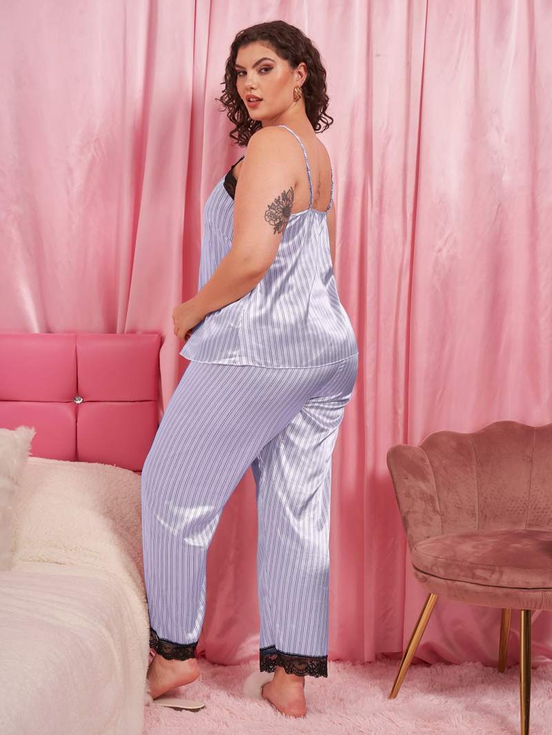 Vertical Stripe Lace Trim Cami + Pants | Pajama Set