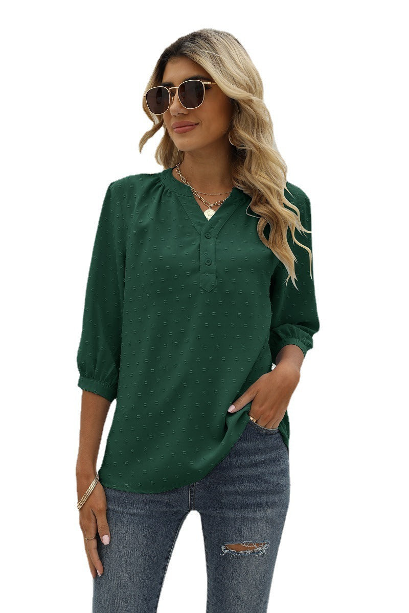 Swiss Dot Notched Neck Three-Quarter Sleeve | Blouse