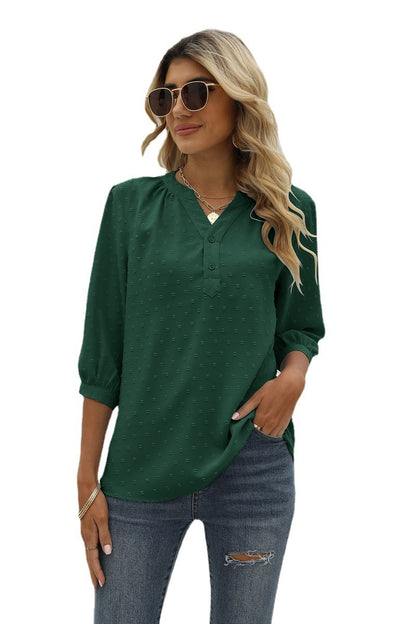 Swiss Dot Notched Neck Three-Quarter Sleeve | Blouse