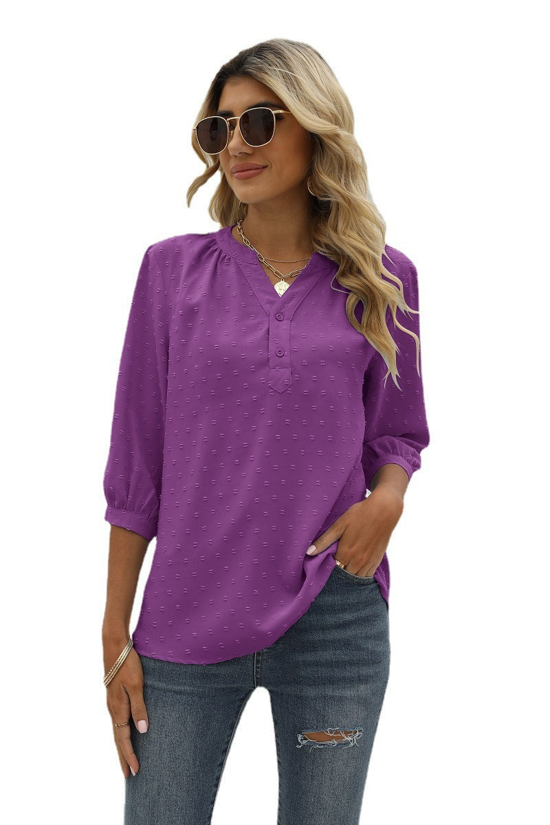 Swiss Dot Notched Neck Three-Quarter Sleeve | Blouse