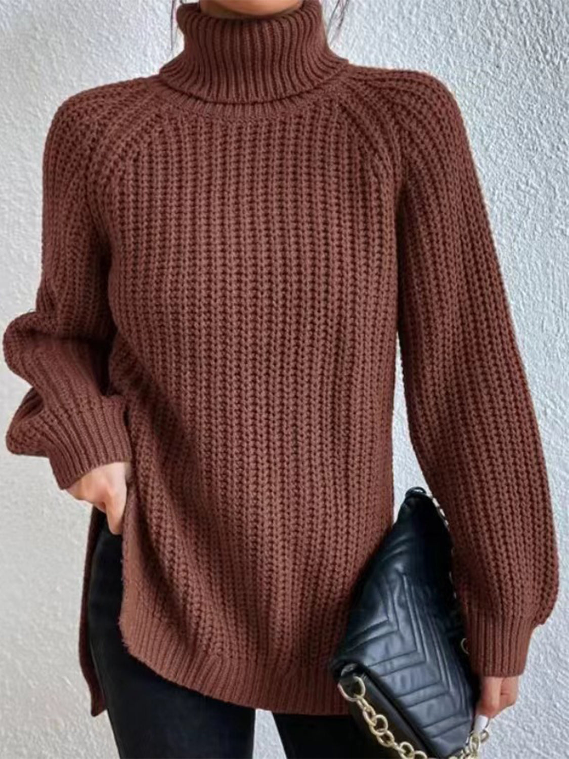 Turtleneck Rib-Knit Slit | Sweater