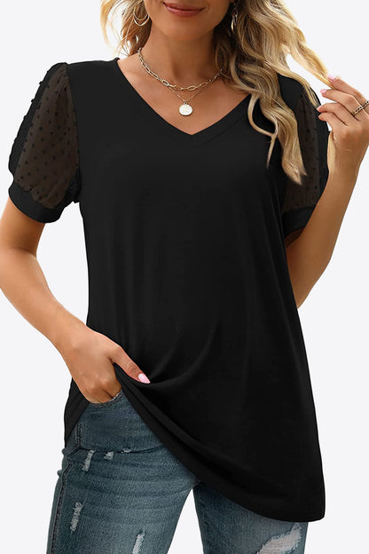 Swiss Dot Puff Sleeve V-Neck | Tee