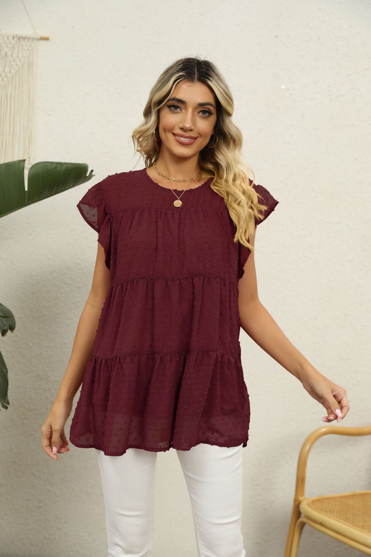 Swiss Dot Round Neck Tiered | Blouse