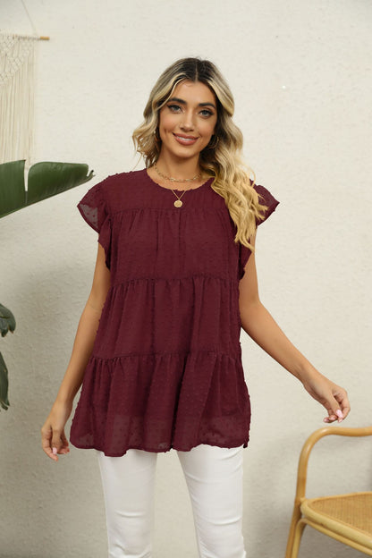 Swiss Dot Round Neck Tiered | Blouse