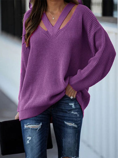 Cutout V-Neck Rib-Knit | Sweater
