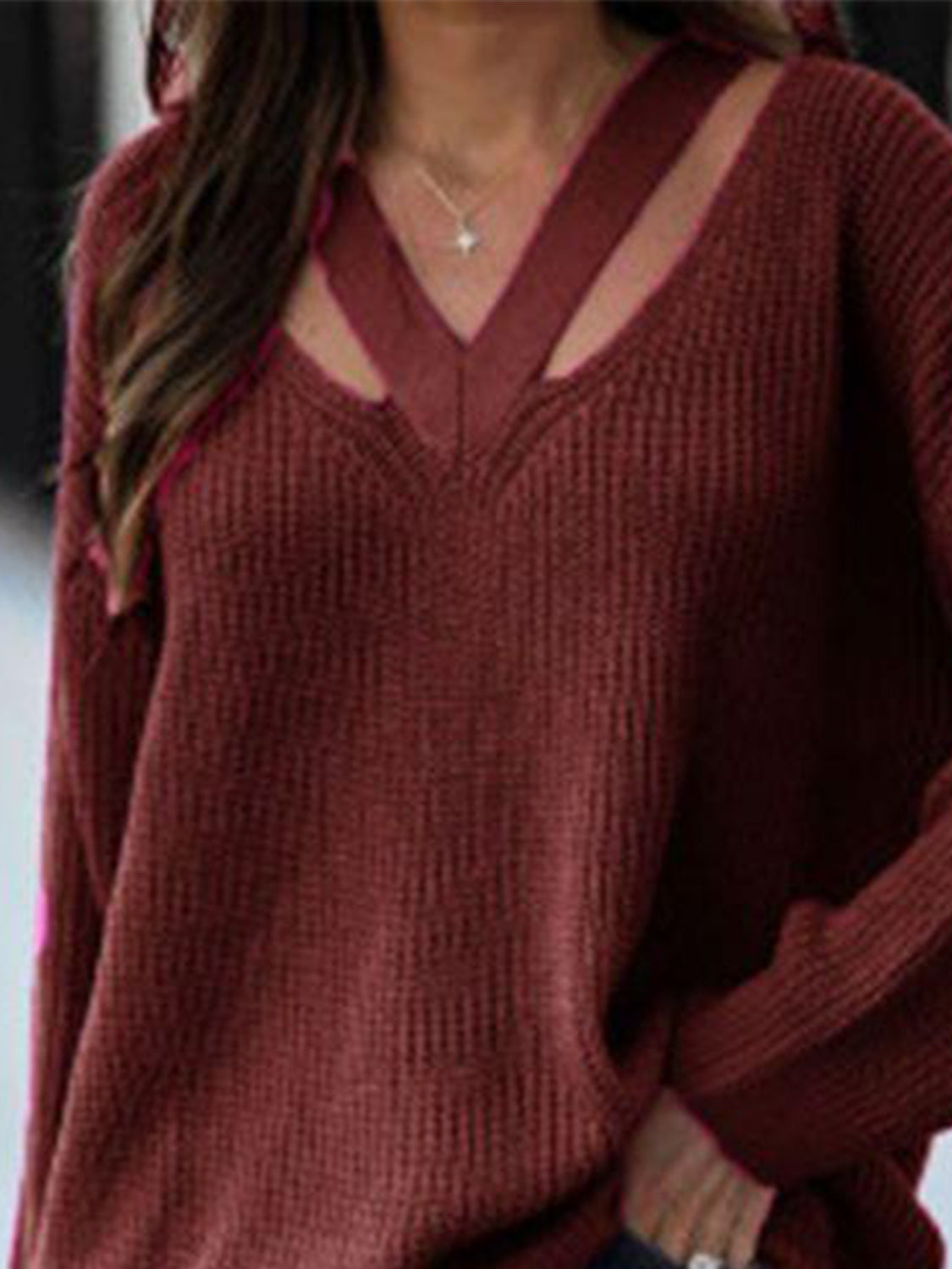 Cutout V-Neck Rib-Knit | Sweater