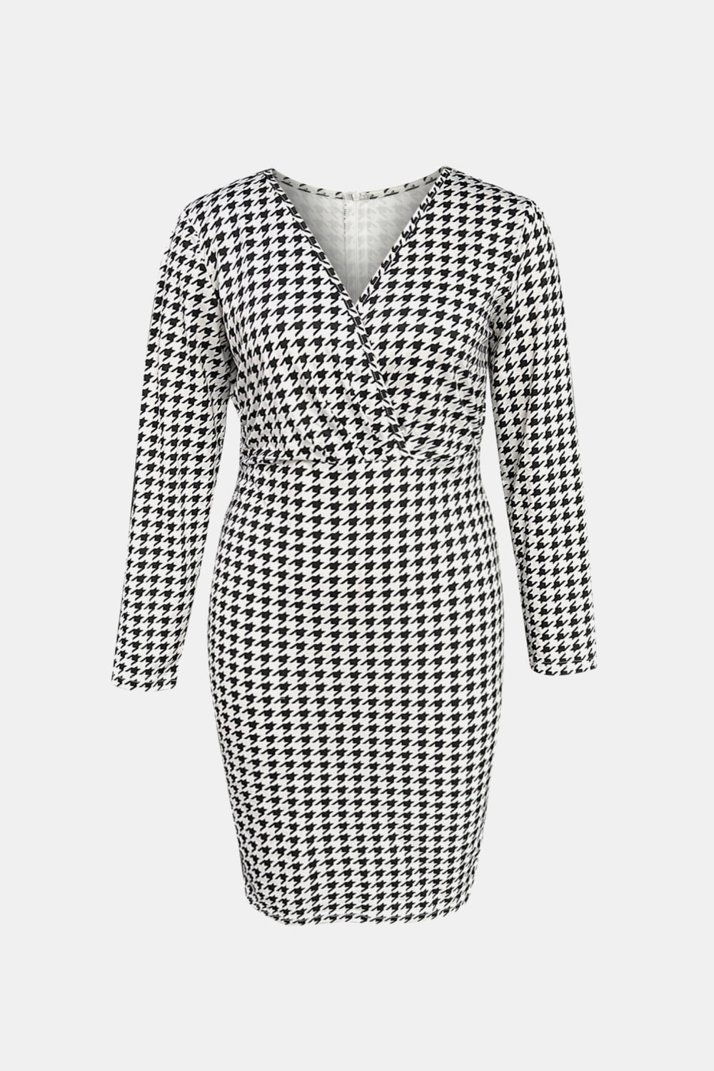 Houndstooth Surplice Neck Long Sleeve Pencil | Dress