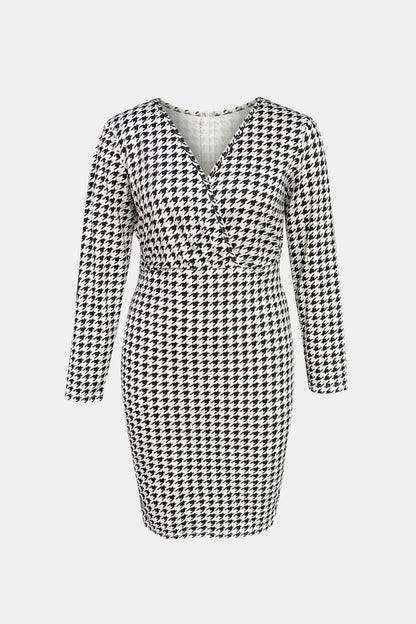 Houndstooth Surplice Neck Long Sleeve Pencil | Dress