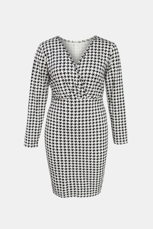 Houndstooth Surplice Neck Long Sleeve Pencil | Dress