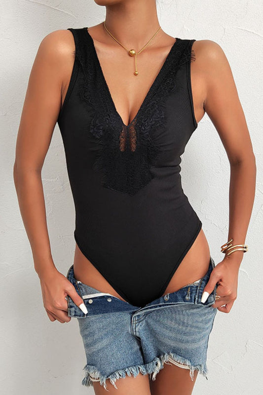 Spliced Lace Deep V Sleeveless | Bodysuit