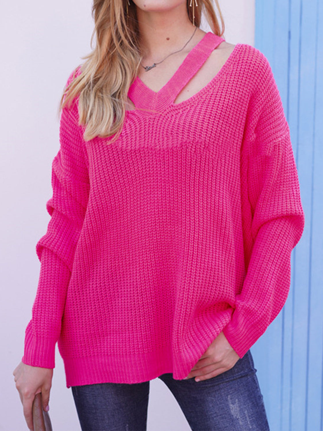 Cutout V-Neck Rib-Knit | Sweater