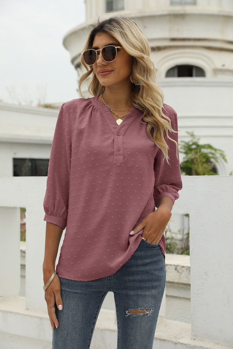 Swiss Dot Notched Neck Three-Quarter Sleeve | Blouse