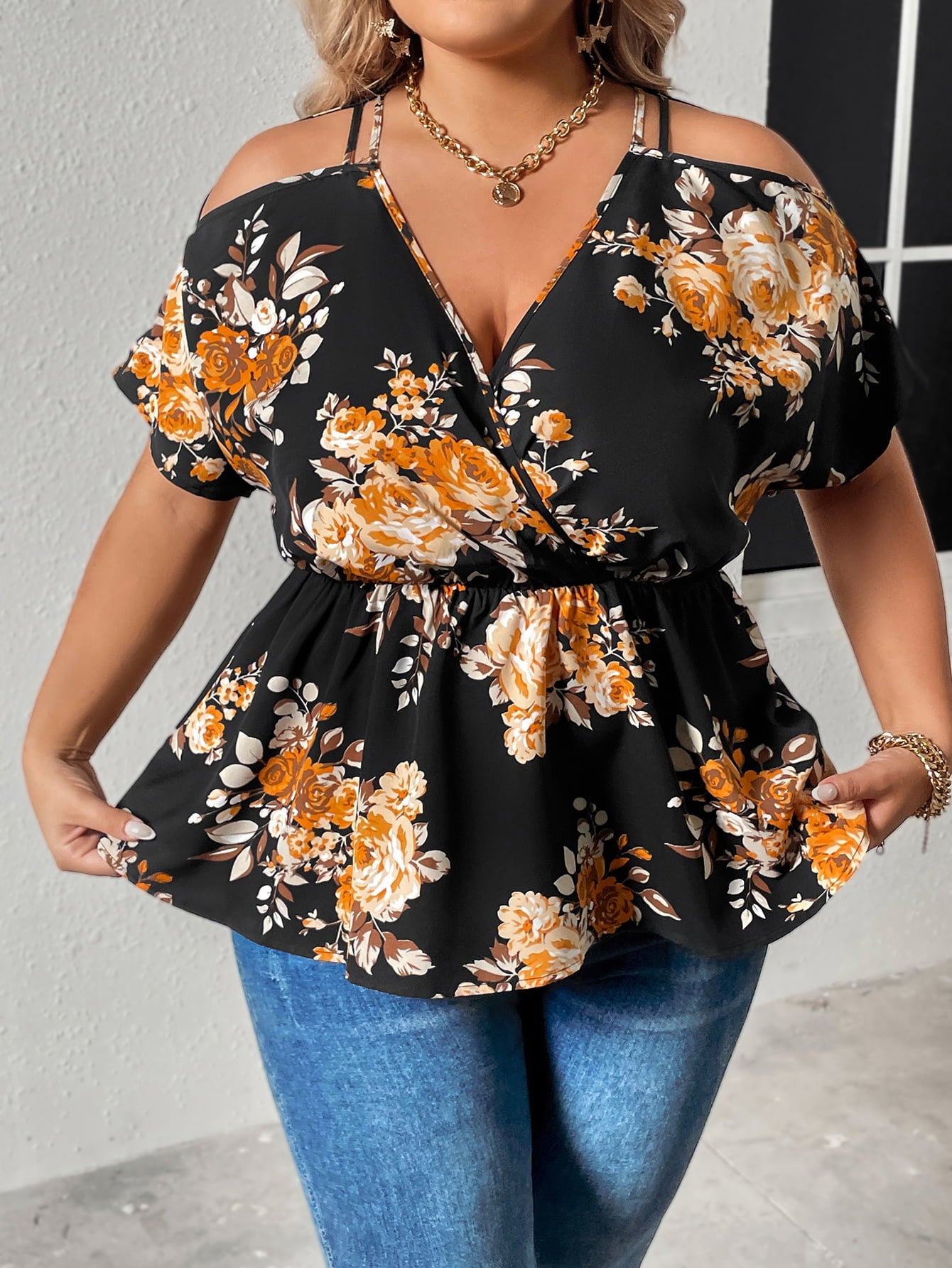 Floral Print Cold Shoulder Surplice Neck | Blouse