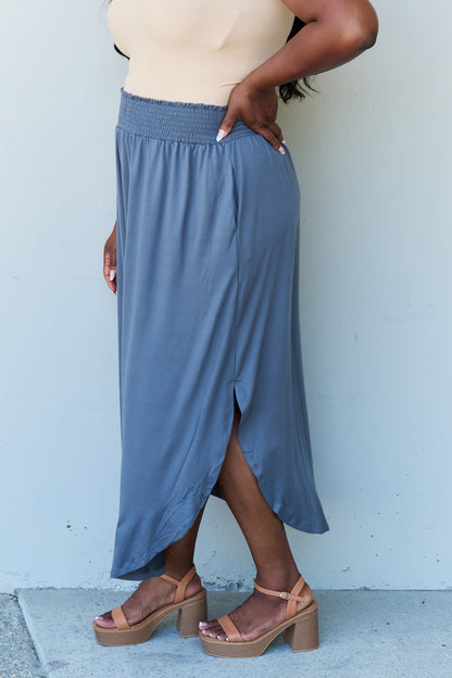 Dusty Blue High Waist Scoop Hem | Maxi Skirt