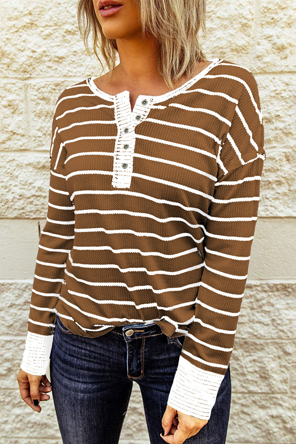 Striped Waffle Knit Henley Long Sleeve | Top