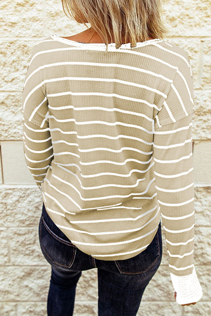 Striped Waffle Knit Henley Long Sleeve | Top