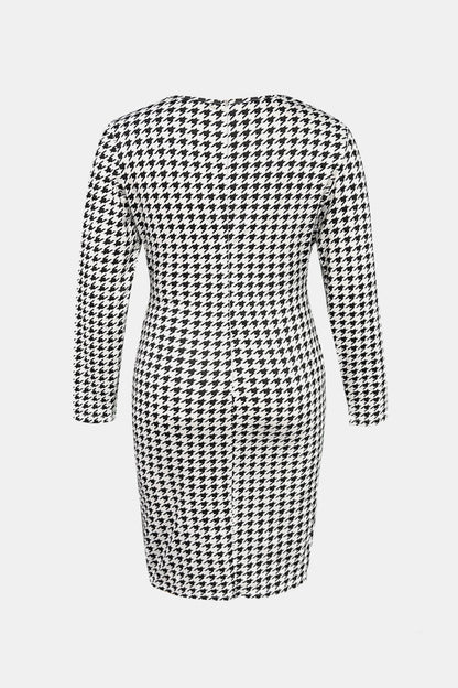 Houndstooth Surplice Neck Long Sleeve Pencil | Dress