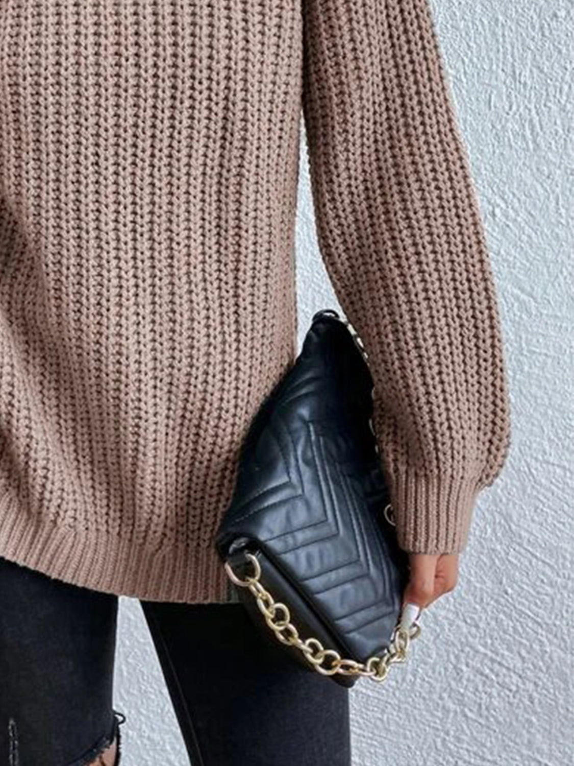 Turtleneck Rib-Knit Slit | Sweater