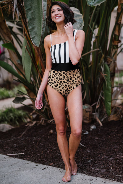 Zebras and Leopards Asymmetrical Neck | One-Piece Swimsuit