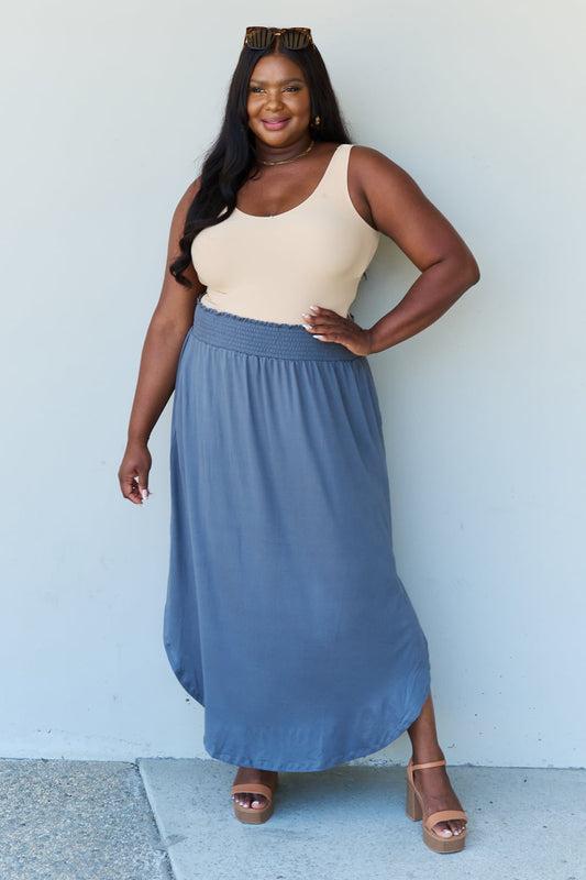 Dusty Blue High Waist Scoop Hem | Maxi Skirt