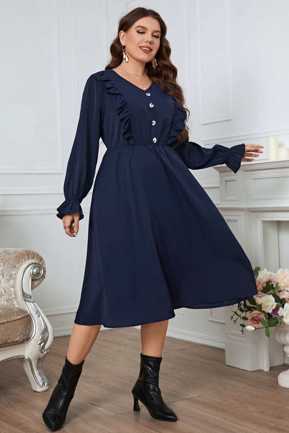V-Neck Buttoned Flounce Sleeve | Dress