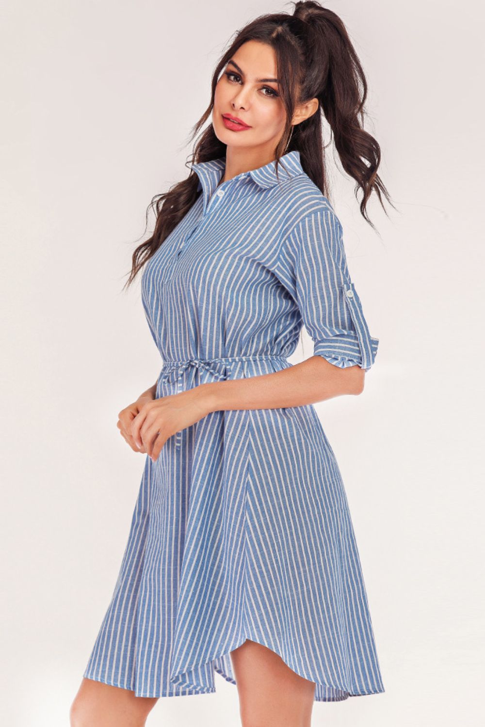 Striped Quarter-Button Roll-Tab Sleeve | Shirt Dress