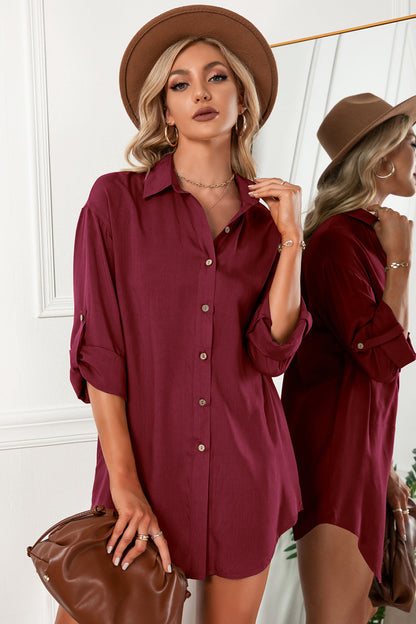 Solid Button Up Drop Shoulder | Blouse