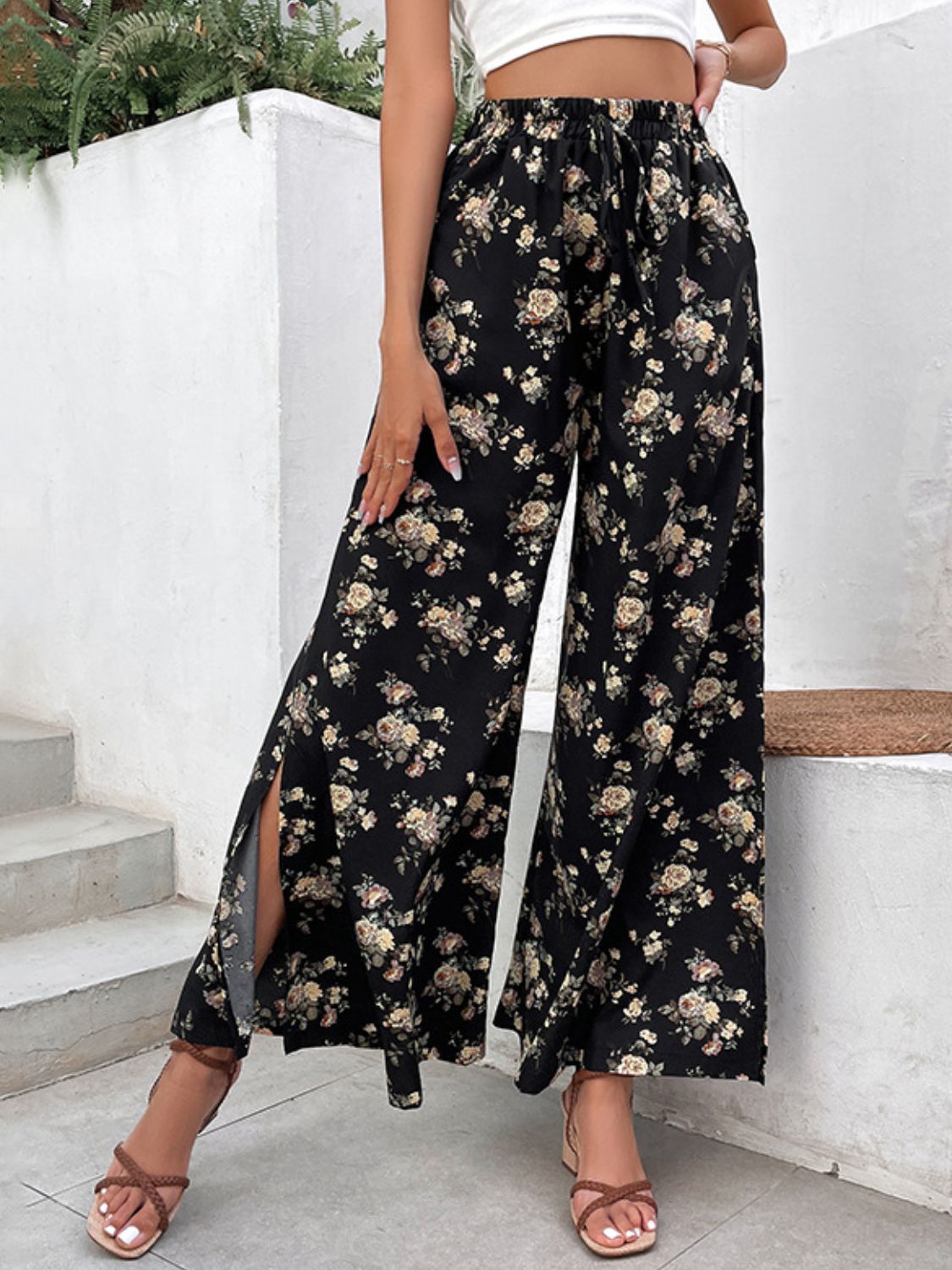 Side Slit Floral Wide Leg | Pants