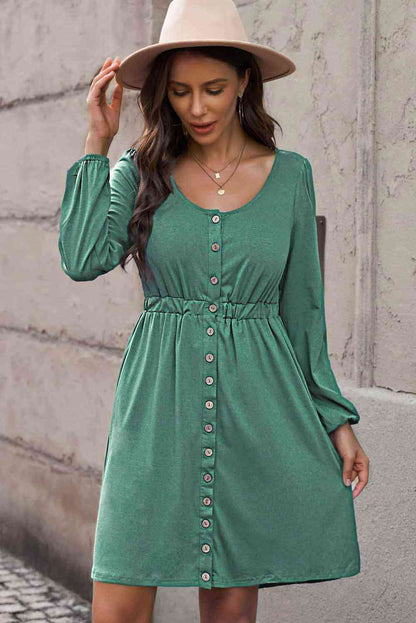 Button Front Elastic Waist Long Sleeve | Dress