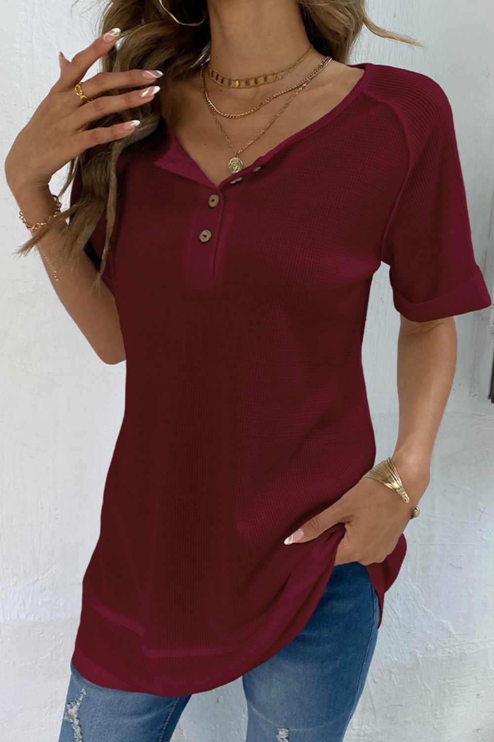 Cuffed Sleeve Henley | Top