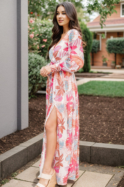 V-Neck Floral Printed Slit Maxi | Dress