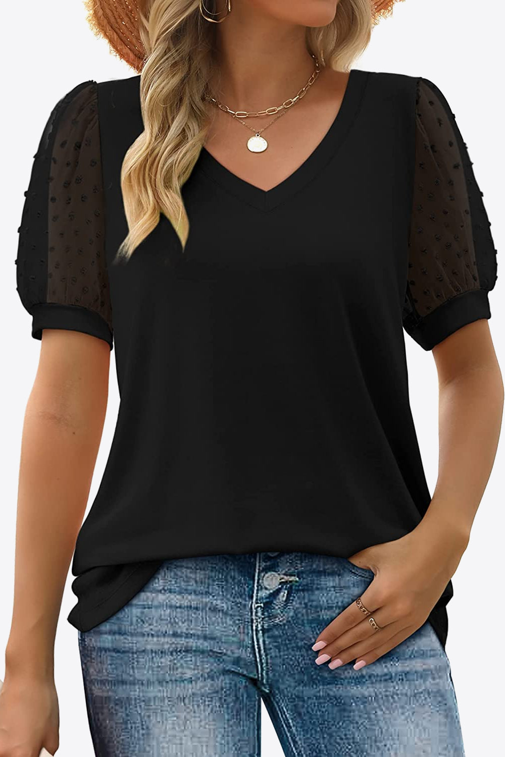 Swiss Dot Puff Sleeve V-Neck | Tee