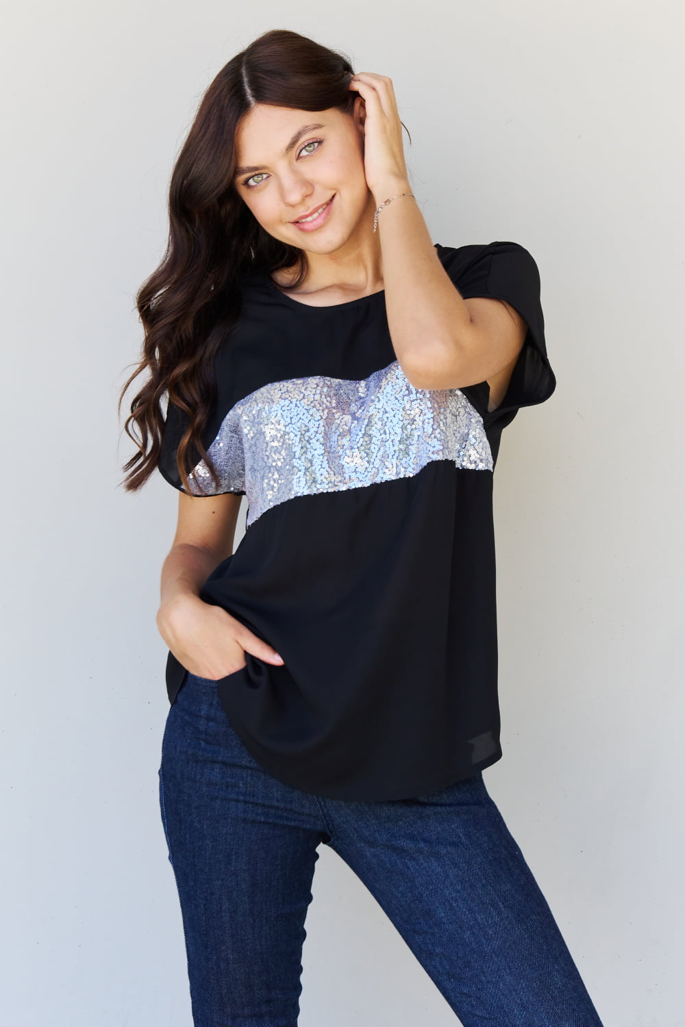 Center Mesh Sequin in Black/Silver | Top