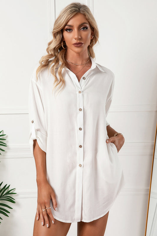 Solid Button Up Drop Shoulder | Blouse