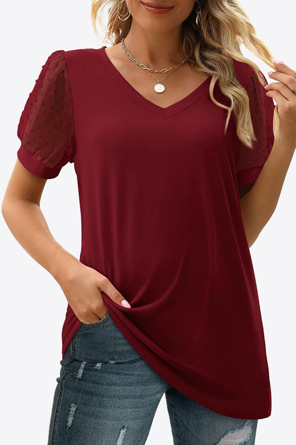 Swiss Dot Puff Sleeve V-Neck | Tee