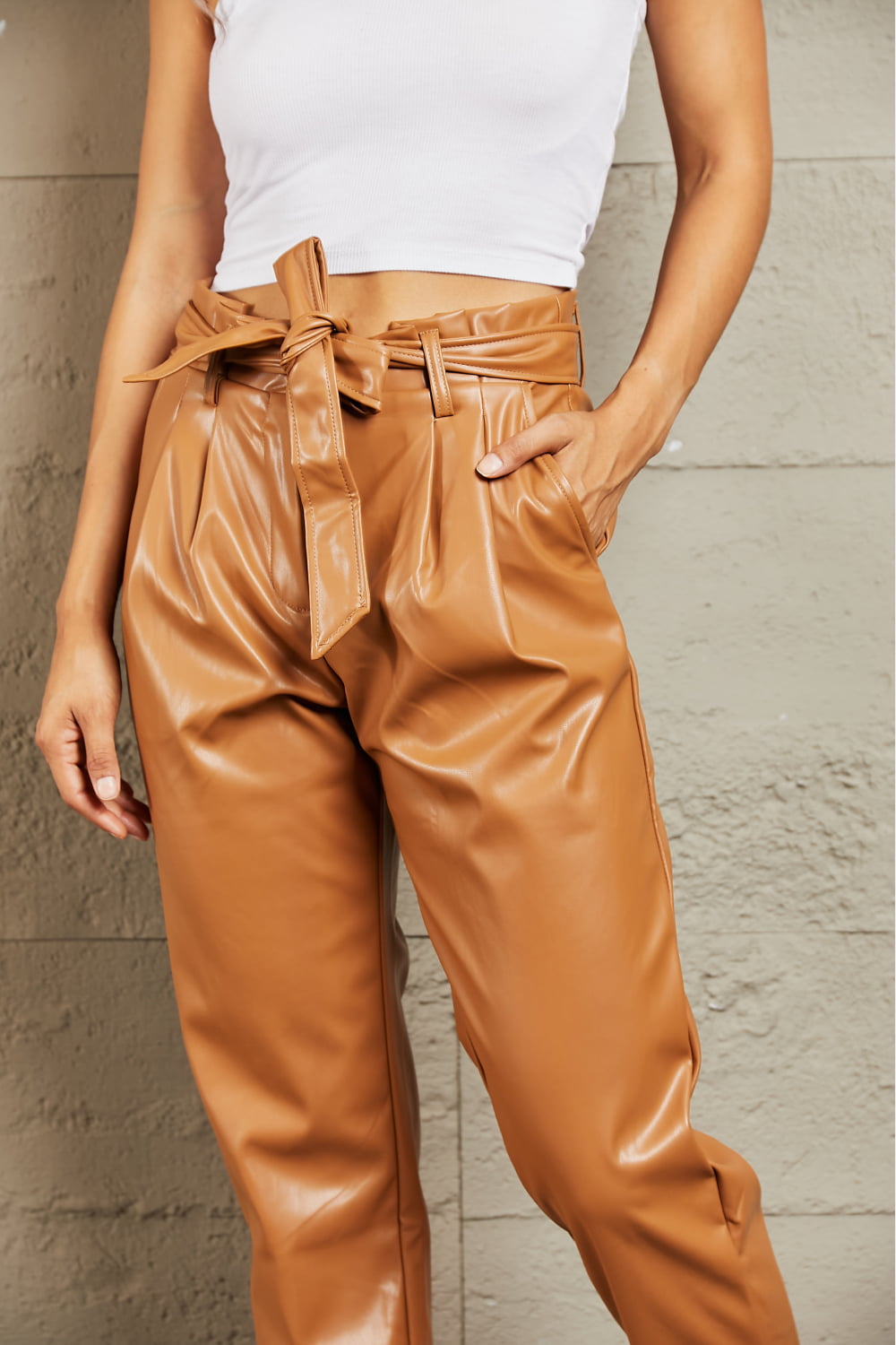 Vegan Leather Paperbag Waist | Pants