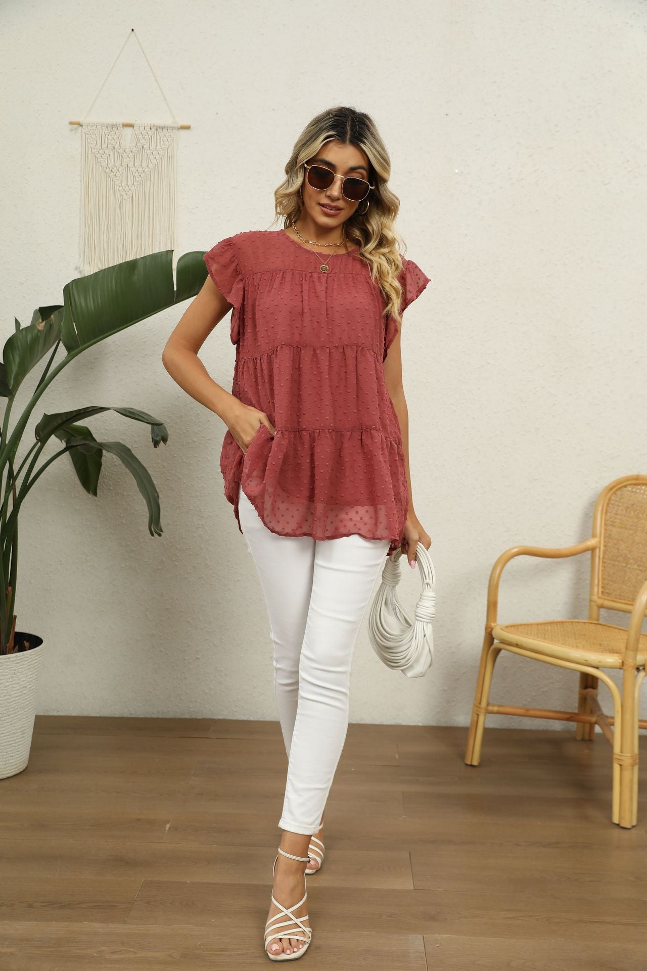 Swiss Dot Round Neck Tiered | Blouse