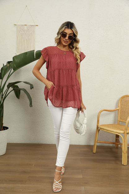 Swiss Dot Round Neck Tiered | Blouse