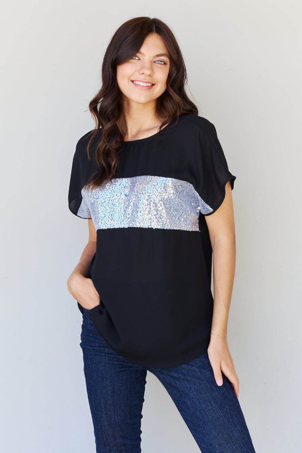 Center Mesh Sequin in Black/Silver | Top