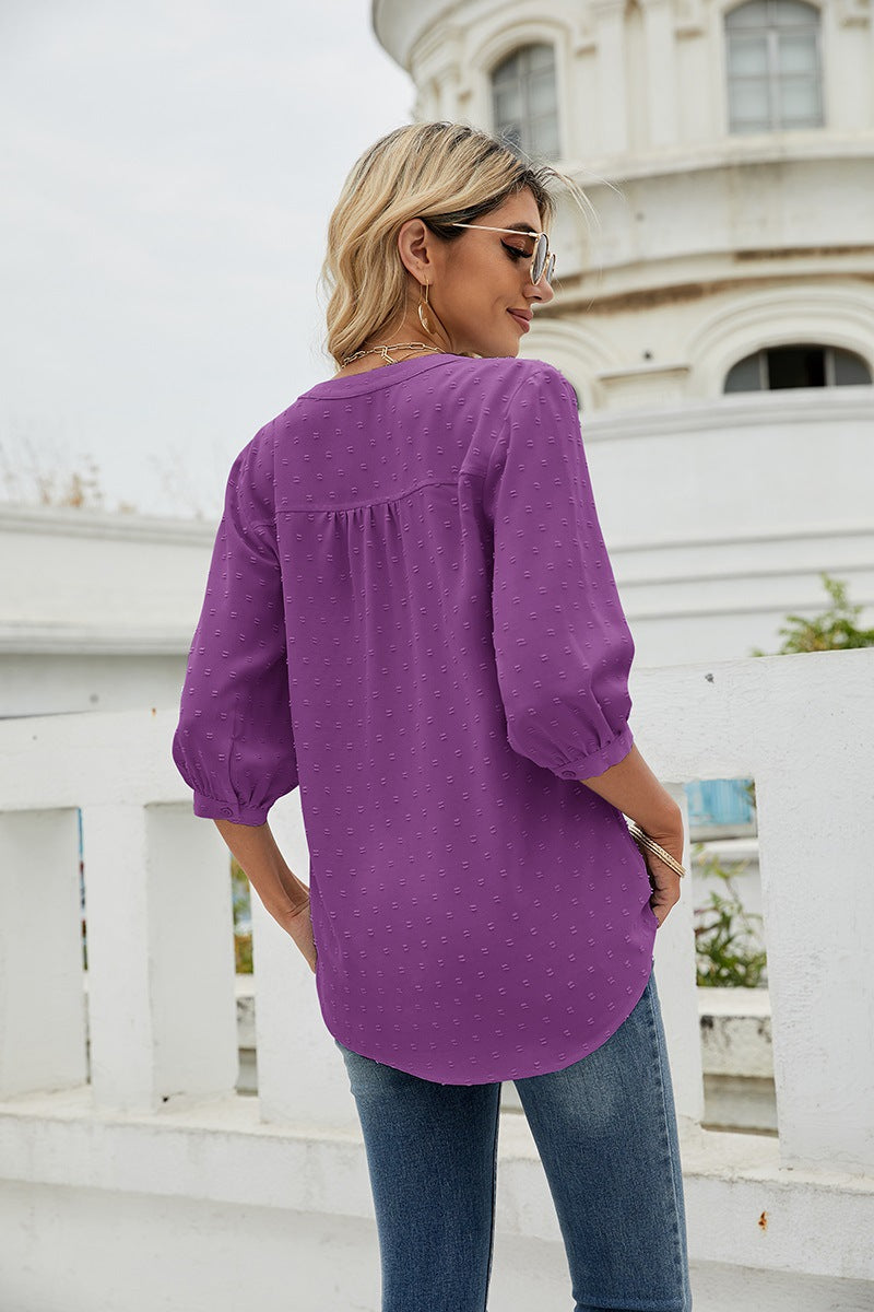 Swiss Dot Notched Neck Three-Quarter Sleeve | Blouse