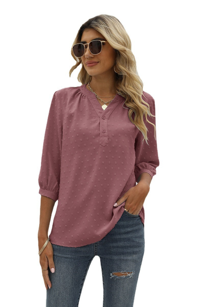 Swiss Dot Notched Neck Three-Quarter Sleeve | Blouse
