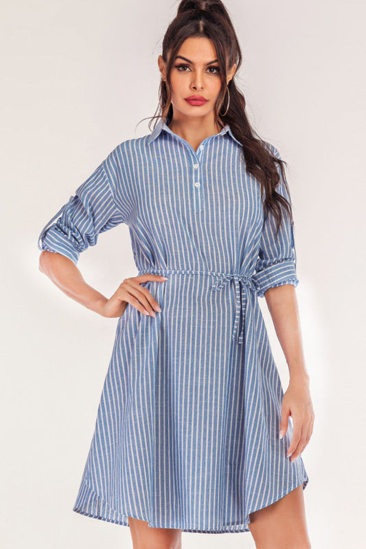 Striped Quarter-Button Roll-Tab Sleeve | Shirt Dress