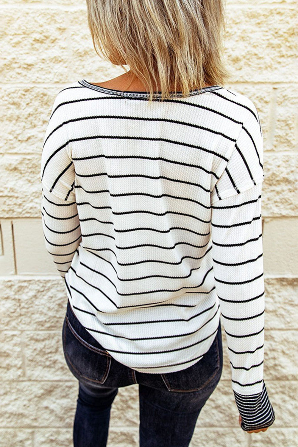 Striped Waffle Knit Henley Long Sleeve | Top