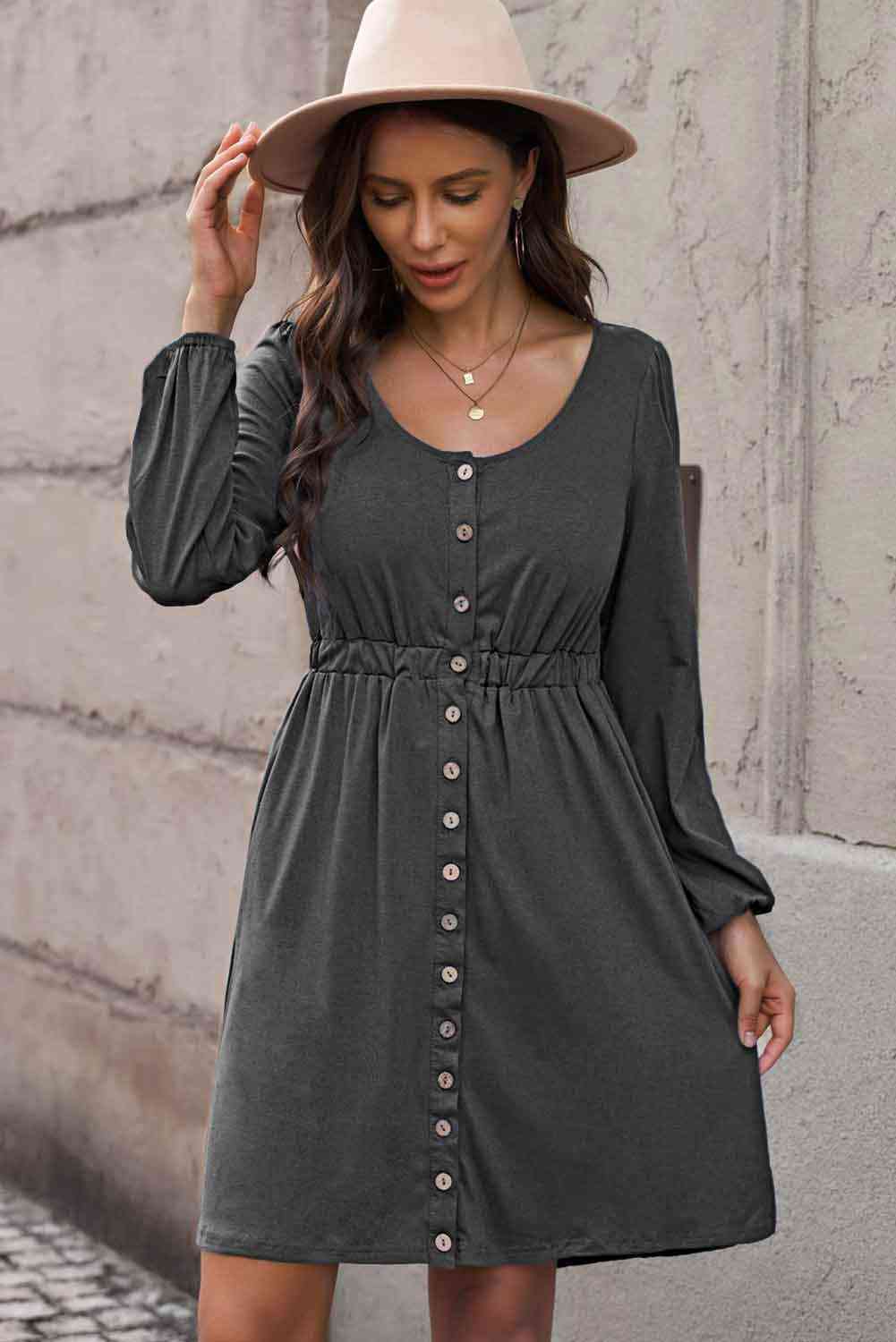 Button Front Elastic Waist Long Sleeve | Dress