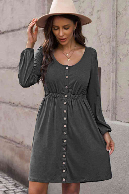 Button Front Elastic Waist Long Sleeve | Dress