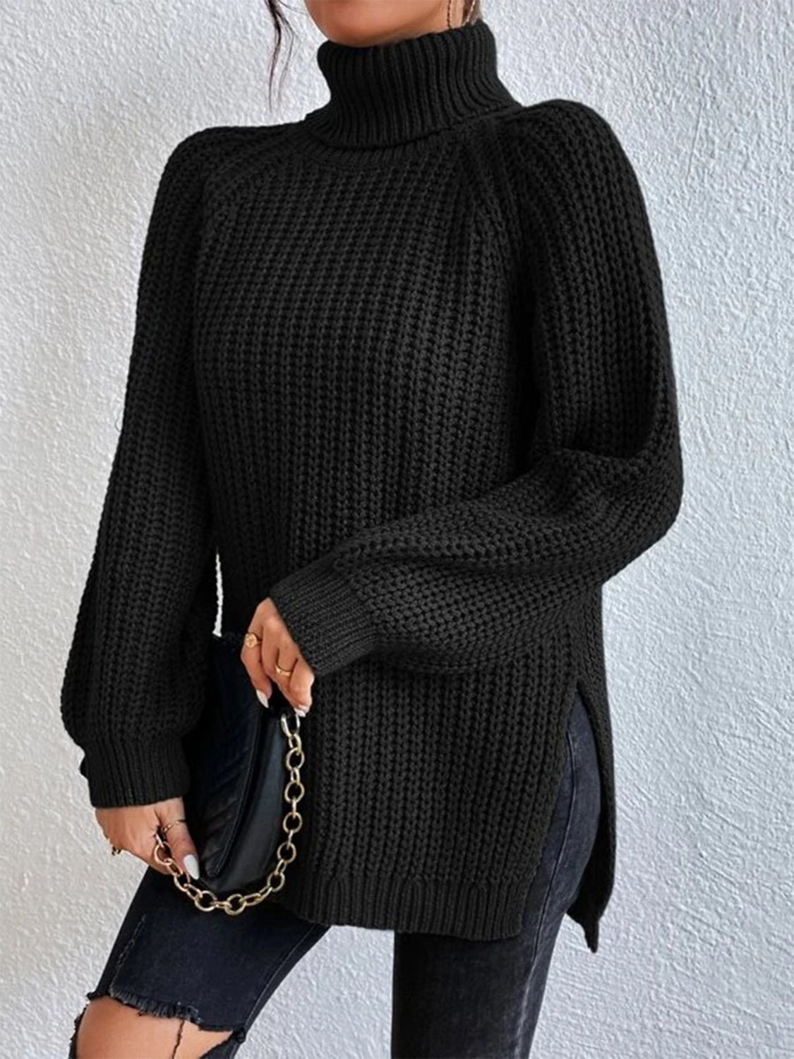 Turtleneck Rib-Knit Slit | Sweater